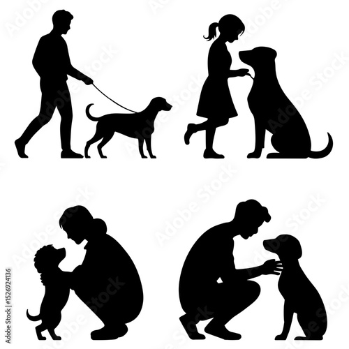 Silhouettes of people interacting with dogs in various poses and scenarios on white background