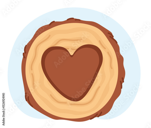 Wood cut with heart inside. Symbol of handmade. Work made with love. Tree log sawing. Wooden natural material. Timber carving. Carpentry craft. Logging circle. Vector woodworking icon