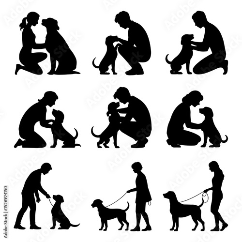 Silhouettes of people interacting with dogs in various poses of affection and care shown