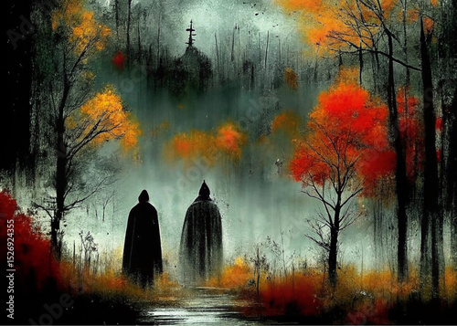 , flanked by trees with vibrant red and orange autumn foliage. The scene is illuminated by glowing streetlights, creating reflections on the slick ground and a sense of peaceful melancholy amidst the 