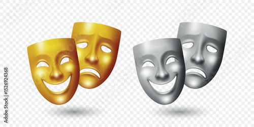 Vector Realistic Theater Mask Set. Comedy and Tragedy Masks. Classic Gold and Silver Theater Mask for Stage Design, Greek Drama, Acting, Performing Arts. Theater Mask, Isolated