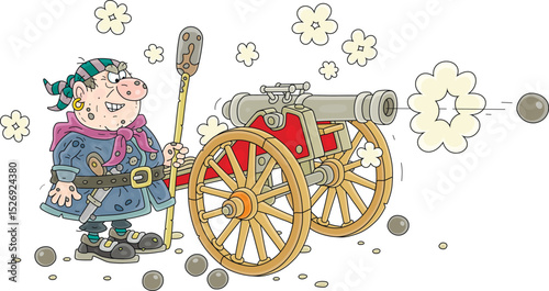 Sea pirate gunner firing his old ship cannon, vector cartoon illustration on a white background