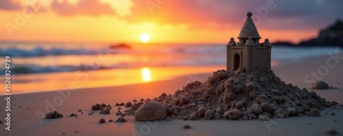Small sandcastle nearly complete at beach during sunset glow , child, water, peaceful