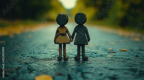 Two small figures, likely wooden or plastic, stand hand-in-hand on a road, autumnal setting