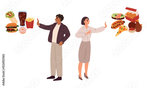 Slim man and woman say no fatty, junk food. Couple show rejection gesture to fastfood. People choose healthy nutrition. Banned burger and pizza. Meal choice. Snacks avoid. Vector concept