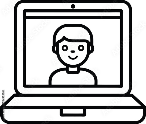 A single isolated flat design vector-style icon of a laptop screen with video call interface, small person avatar in frame.