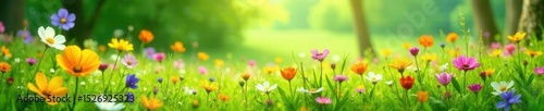 Lush green meadow, explosion of colorful wildflowers ,  garden,  sun
