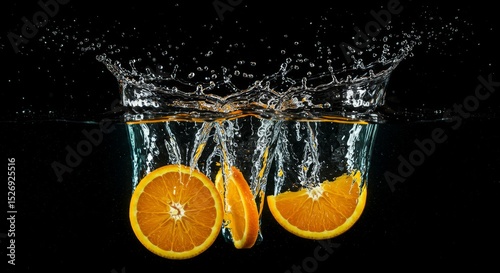 Orange Slices Splashing into Water - Juicy orange slices falling into water, creating a vibrant splash. Symbolizing freshness, vitality, zest, refreshment, and natural energy