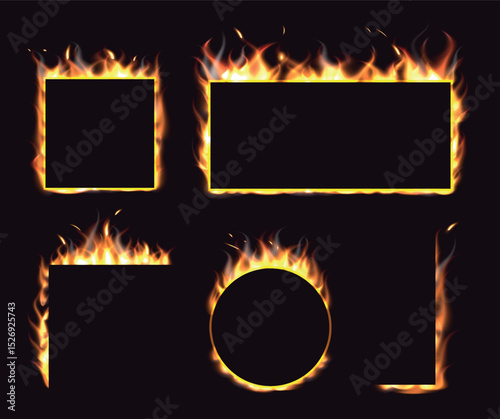 Realistic fire border. Rectangular or round blazing frame. Burning corner. Inferno firewall. Ignition heat. Glowing flames. Different geometric shapes. Fiery effect elements vector set