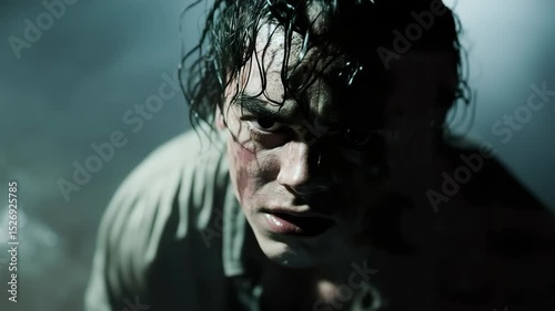 A man with wet hair in the dark