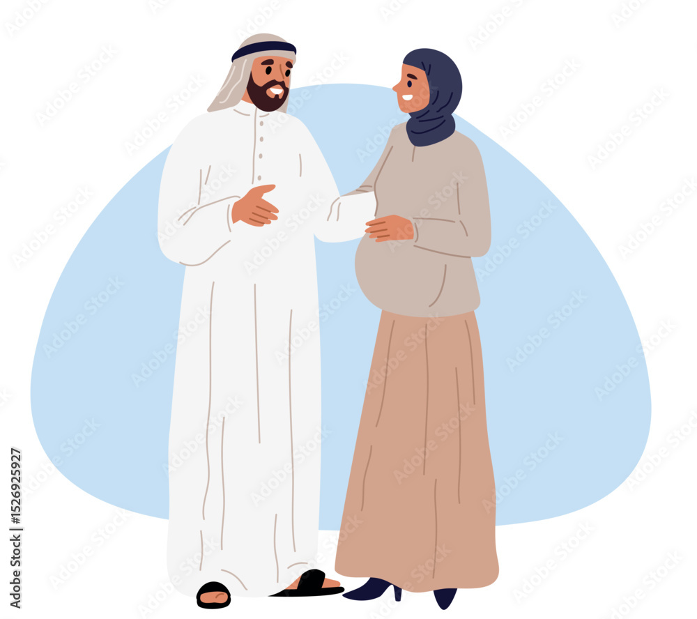 Obraz premium Pregnant woman in hijab. Man in traditional Muslim clothing embraces wife. Saudi family expecting childbirth. Pregnancy or parenthood. Belly mother together with father. Vector concept