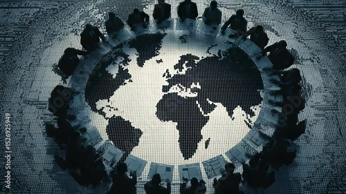 Global Business Meeting with World Map Table, International Collaboration, Corporate Strategy, and Global Politics, Dark and Mysterious Tone, High Angle View