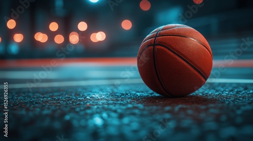 Orange basketball on a city court at night