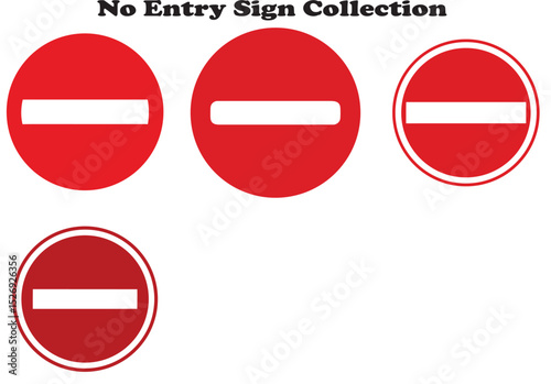 Collection of four distinct red no entry road signs isolated on a white background