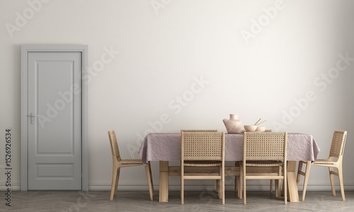 In a dining room, there is a table accompanied by chairs and a door