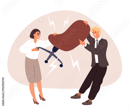 Man and woman share office chair. Conflict over workplace. People pull armchair. Employees disagreement. Workers fight and shout. Colleagues misunderstanding communication. Vector concept