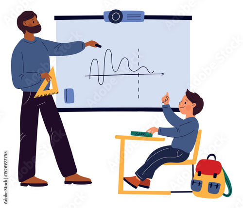 Cartoon school teacher. Math lesson mentor. Lecturer explaining algebra at whiteboard. Student in classroom. Schoolchild sitting at desk. People teach physics and chemistry. Vector concept