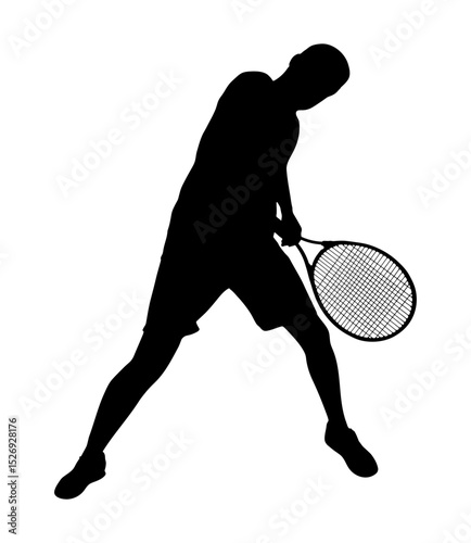 Male tennis player, isolated silhouette. The type of sport is lawn tennis. An active man hitting a ball with a racket. Vector illustration