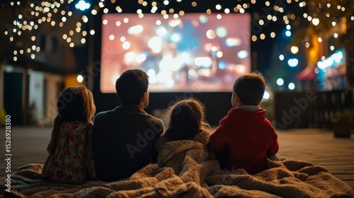 Family and friends watch an outdoor movie on a cozy evening. Enjoying a festive night together with bright bokeh lights.