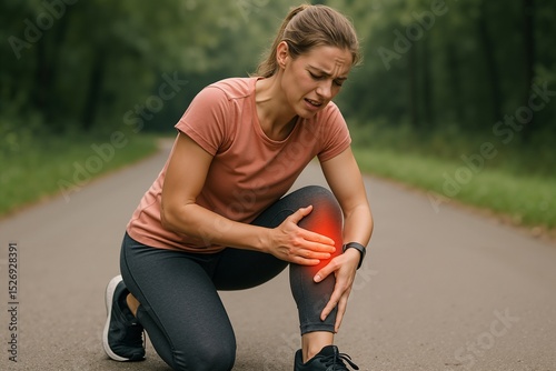 A young woman suffering from knee pain while kneeling on a scenic road, indicating the struggle of a sports injury against a backdrop of nature and greenery.