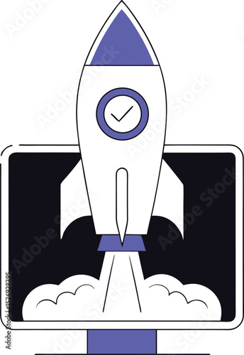 A single isolated flat design vector-style icon of a rocket launching upward, symbolizing startup, innovation, and success.
