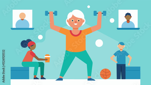 Staying Active A caregiver participating in a fitness class provided by a respite care facility promoting physical health and relieving stress.. Vector illustration