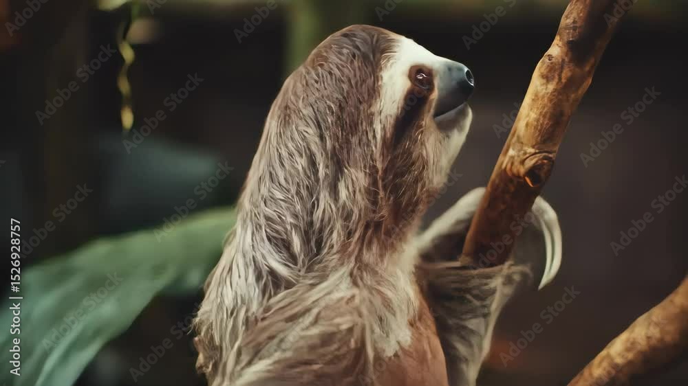 Smiling sloth hangs from a tree branch in lush greenery The cute animal looks directly at the camera
