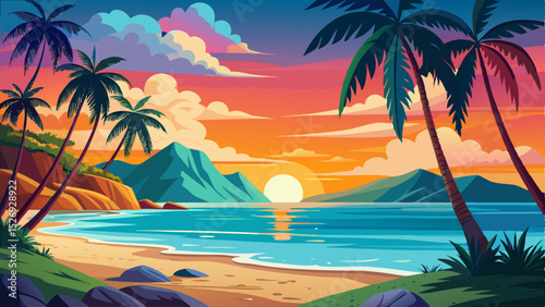 Serene beach at sunset with palm trees and turquoise water, sunset, turquoise, sunset, turquoise, palm trees. Very beautiful