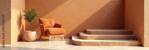 Terracotta armchair on steps, stucco wall, minimalist Japandi living room , space, steps