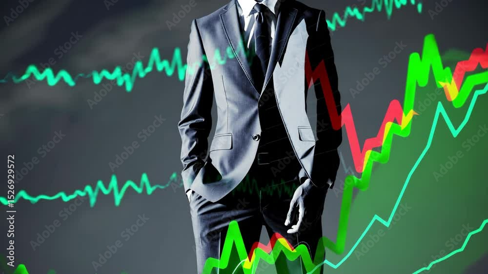 double exposure image featuring the silhouette of a businessman in a suit overlaid with a dynamic stock market graph and rising trend lines