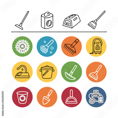Colored House Cleaning Line Icon Set – Editable Stroke Vector Illustrations of Cleaning Tools, Housekeeping, Sanitation, and Hygiene Equipment