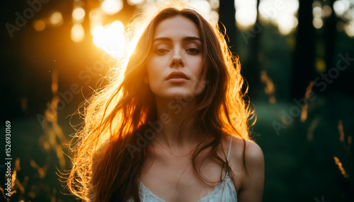 Young woman with flowing hair stands in a sunlit forest during the golden hour, surrounded by nature's beauty