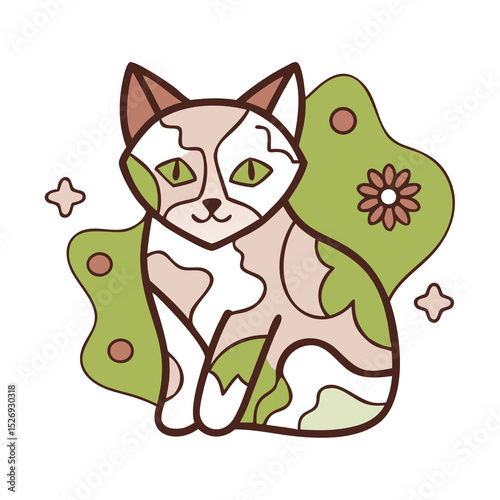 Whimsical patterned cat illustration, soft colors, design element.