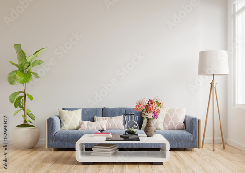 Modern living room interior design a blue sofa on empty white wall background.