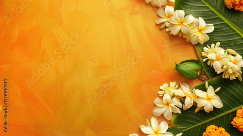 Colorful arrangement of white champa flowers and leaves on a vibrant orange background, Onam festival in India. horizontal banner, copy space, free space for text