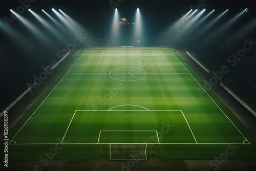 Aerial View of Soccer Field Illuminated by Spotlights with Vibrant Green Grass