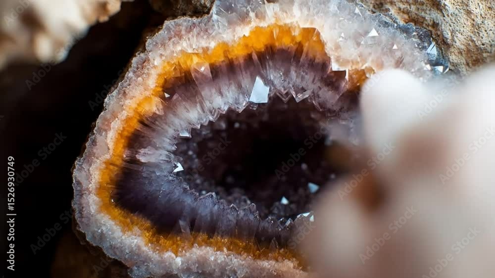 Close-up of a geode with intricate crystal formations.  A vibrant, colourful interior cavity filled with sharp, radiating crystals, surrounded by a banded, hard outer shell