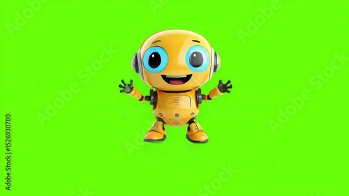 Joyful Bot's Green Debut: A charming, yellow-hued robot with bright blue eyes and a warm smile stands against a vivid green backdrop, exuding cheerfulness and technological wonder.