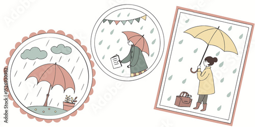Set of illustrations and frames of rainy days and rainy season Umbrella Decoration Decoration Rainy day Rain goods Weather Rain clouds