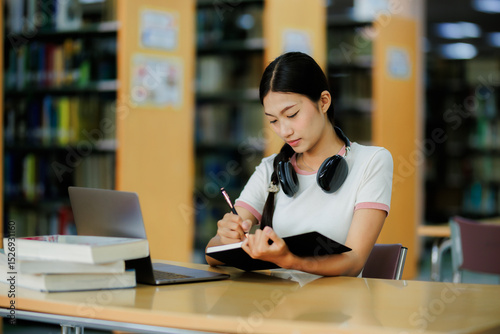 A dedicated female student spends her free time calmly researching in the library, wearing headphones and enjoying music while focusing on her studies.