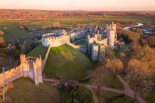 Arundel Castle in Arundel City, West Sussex, England, United Kingdom. Bird Eye View. Drone Point of View.