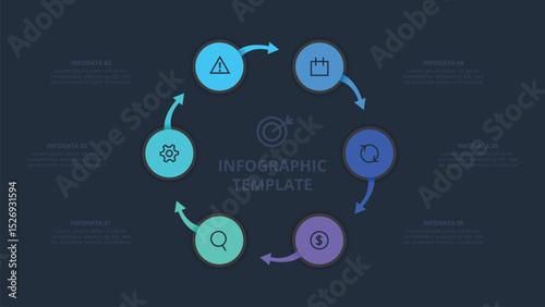 Creative concept for infographic with 6 steps, template for web on a black background.
