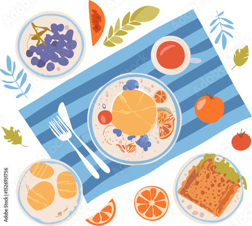Colorful hand-drawn top view of table setting with breakfast and lunch meals. Naive cartoon flat food illustration with grid tablecloth, healthy ingredients, and cozy atmosphere