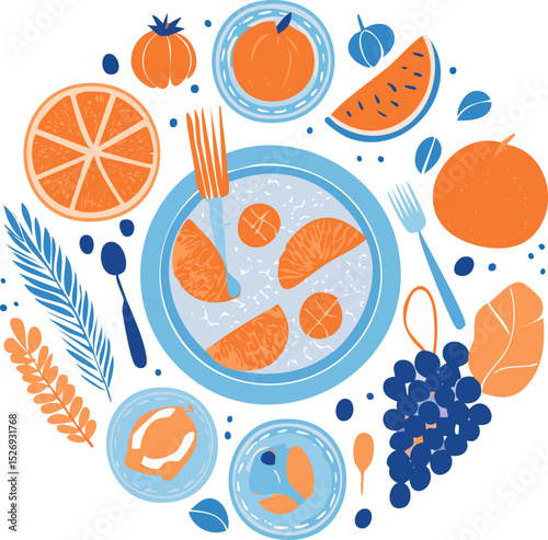 Colorful hand-drawn top view of table setting with breakfast and lunch meals. Naive cartoon flat food illustration with grid tablecloth, healthy ingredients, and cozy atmosphere