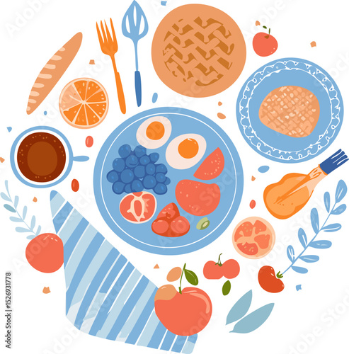 Colorful hand-drawn top view of table setting with breakfast and lunch meals. Naive cartoon flat food illustration with grid tablecloth, healthy ingredients, and cozy atmosphere