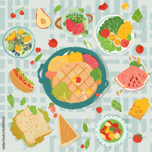 Colorful hand-drawn top view of table setting with breakfast and lunch meals. Naive cartoon flat food illustration with grid tablecloth, healthy ingredients, and cozy atmosphere