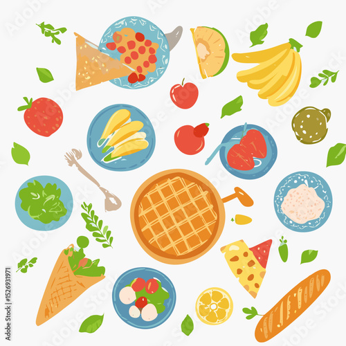 Colorful hand-drawn top view of table setting with breakfast and lunch meals. Naive cartoon flat food illustration with grid tablecloth, healthy ingredients, and cozy atmosphere
