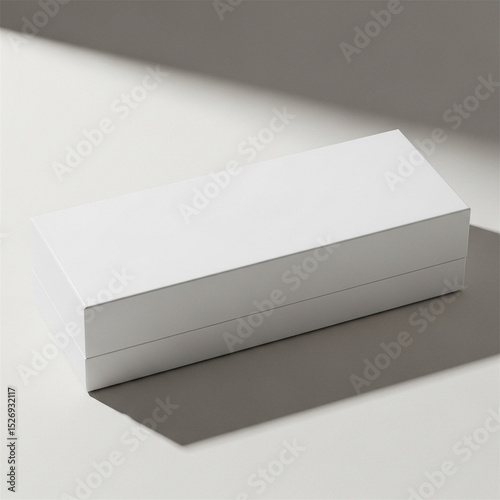 A long, white rectangular box with a lid rests diagonally on a light grey surface, casting a sharp shadow.
