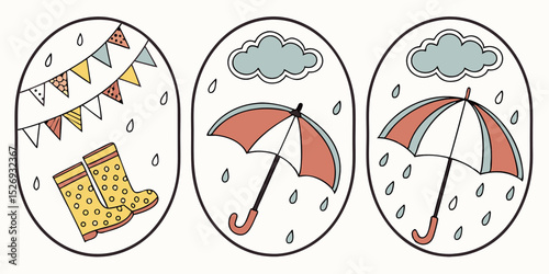 Set of illustrations and frames of rainy days and rainy season Umbrella Decoration Decoration Rainy day Rain goods Weather Rain clouds