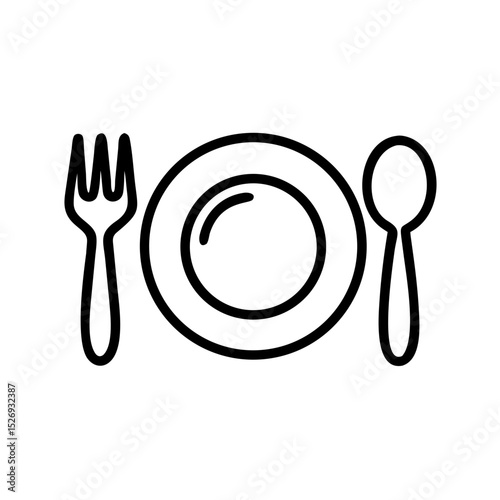 Dining plate with cutlery outline icon, isolated on white background
